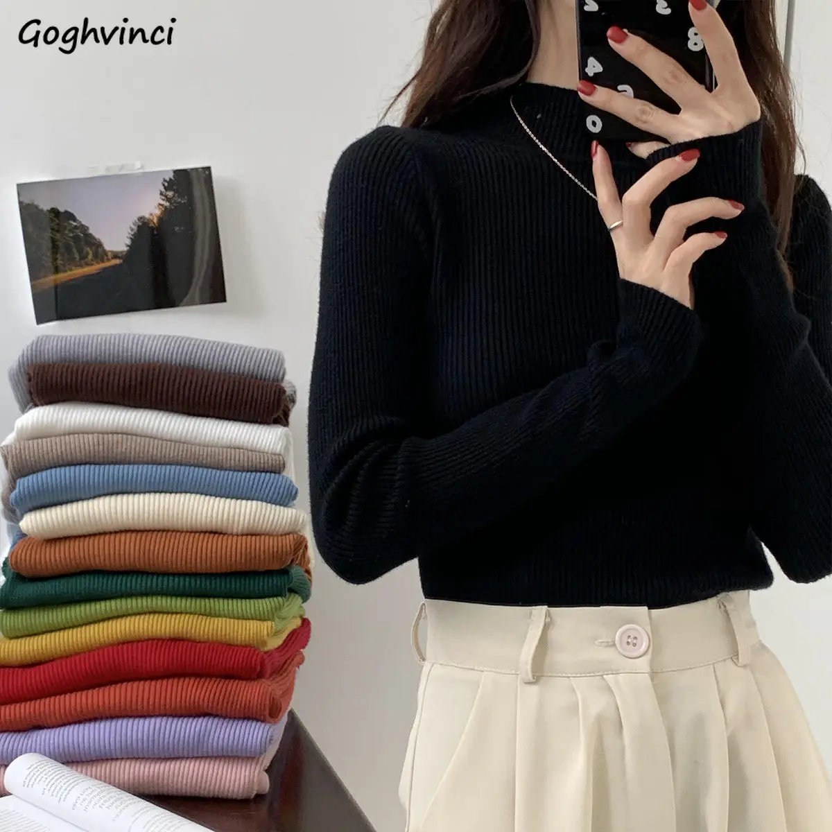 

Mock Neck Pullovers Women Solid Color Simple Slim Spring Fall Casual Tops Knitted Sweaters Basic Jumper Cozy Soft Ladies Clothes