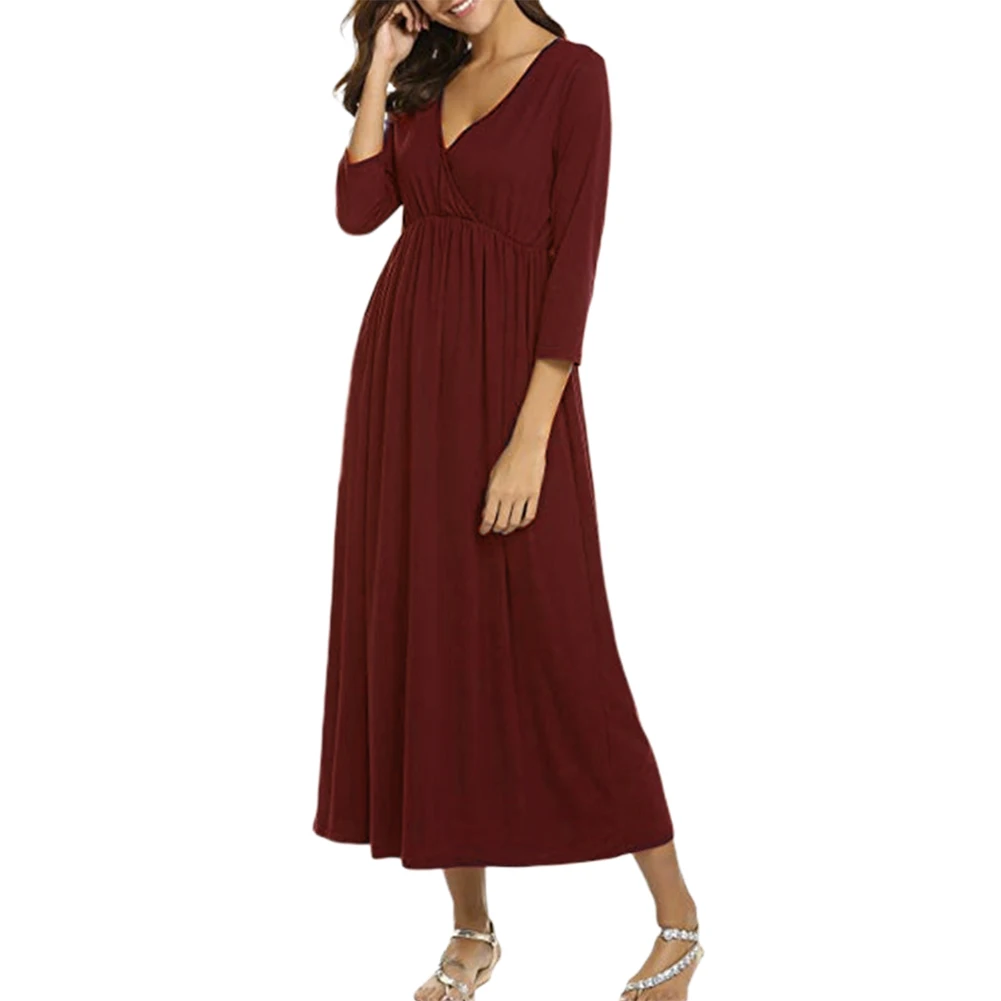 Wine Red Длинная эластичная свободная однотонная мягкая ночная рубашка для кормящих, для беременных, с рукавом 3/4, на пуговицах, с v-образным вырезом, женская ночная рубашка - Цвет: Wine Red