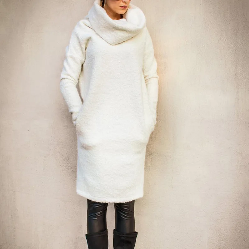 

KALENMOS Autumn Winter Clothes Dress Women Straight Pockets Knee-Length Turtleneck Solid Plush Long Dresses Femme Outwear Ladies