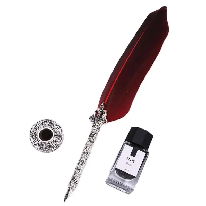 1set Retro Vintage Calligraphy Feather Dip Pen Writing Ink Set Stationery Quill Fountain Pen Creative Vintage Pen Christmas Gift