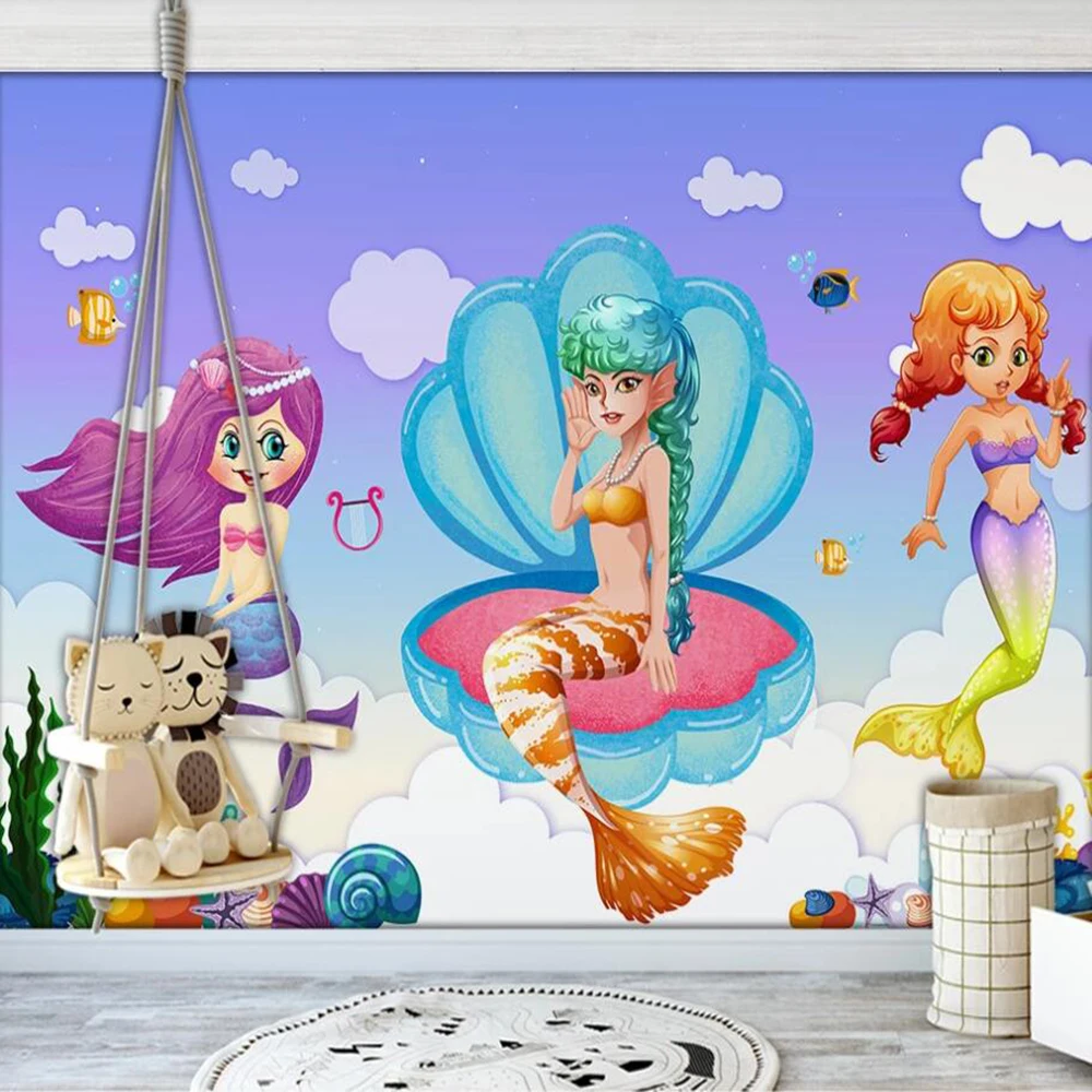 

Drop Shipping Custom 3D Wallpaper Mural Cartoon Fantasy Mermaid Shell Coral Children Room Wall Paper Decoration Wallpaper
