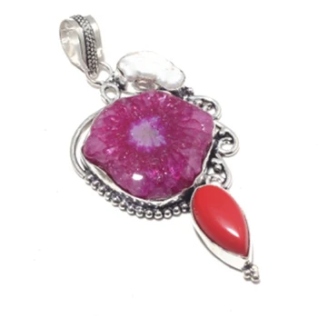 

Nature stone Solar QuartZ + Coral + Biwa Pendant Silver Overlay over Copper , Hand made Women Jewelry Gift