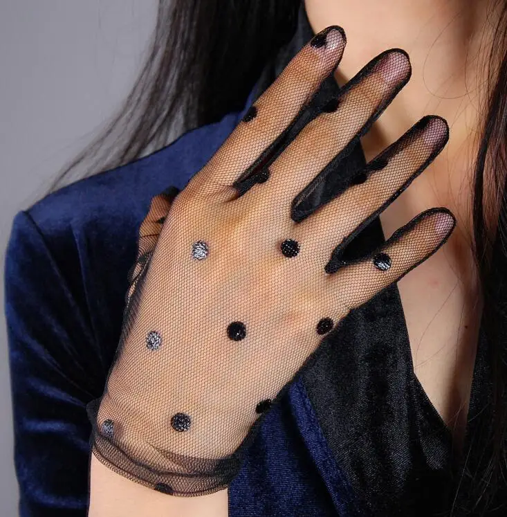Женские сексуальные прозрачные перчатки в горошек, черные сетчатые перчатки, женские летние Вечерние перчатки для танцев R1909