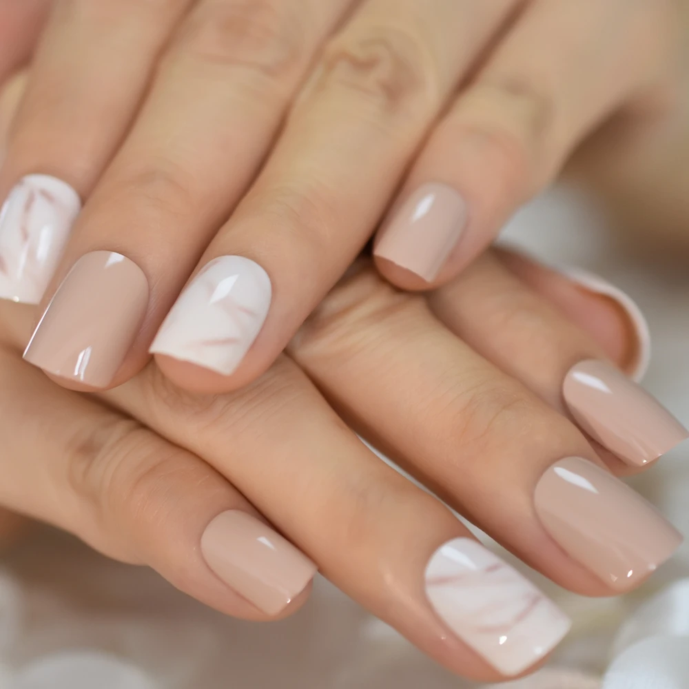 Natural Daily Marble Fake Nail Short Square Full Cover Abs Nail Tips Designs  Salon Faux Ongles 24pcs L5745 - False Nails - AliExpress