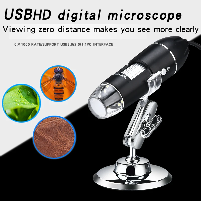 1000X HD Digital USB Microscope Handheld Portable Digital Microscope USB Interface Electron Microscopes with 8 LEDs with Bracket 3