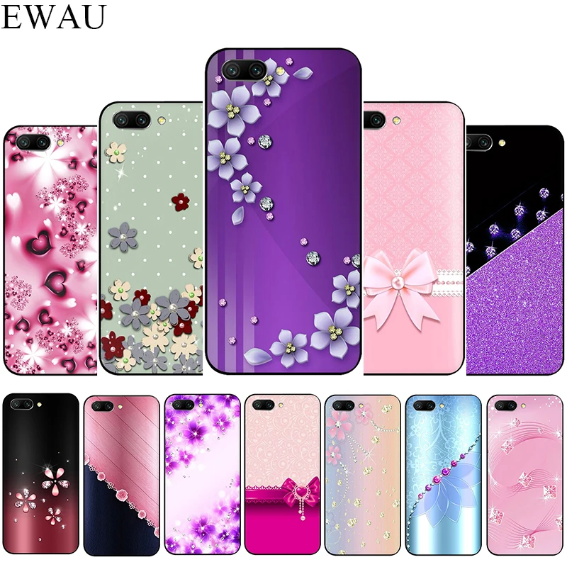 

EWAU Crystal Rhinestone Flower print Silicone phone case for Huawei Honor 6A 7A Pro 7C 7X 8X 8 9 Note 10 Lite view 20 9X Pro