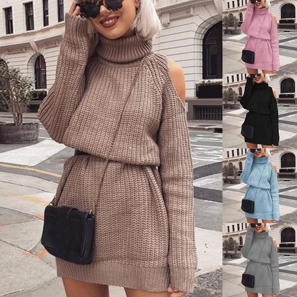 

ADISPUTENT Solid Color Sweater New Women Winter High Collar Sexy Fashion Strapless Skirt Waist Knitted Pullover Sweater 2019