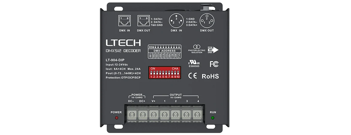 DMX-PWM декодер; DC12-24V вход; 6A* 4CH Макс 24A 576 Вт Выход XLR-3/RJ45 порт RGBW DMX512 декодер