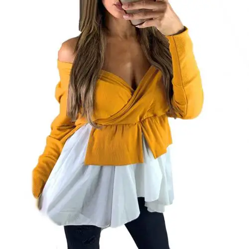 Yellow Модные женские топы с открытыми плечами, пышными рукавами, рюшами и v-образным вырезом, Свободный Топ без бретелек, повседневная Однотонная футболка, блузка - Color: Yellow