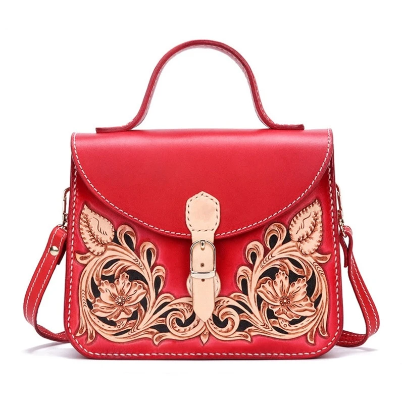 pequeño de piel de vaca hecho a mano con flores grabadas, bolso chino de estilo rojo, bolso de hombro cruzado de cuero genuino para mujer|Cubos| - AliExpress