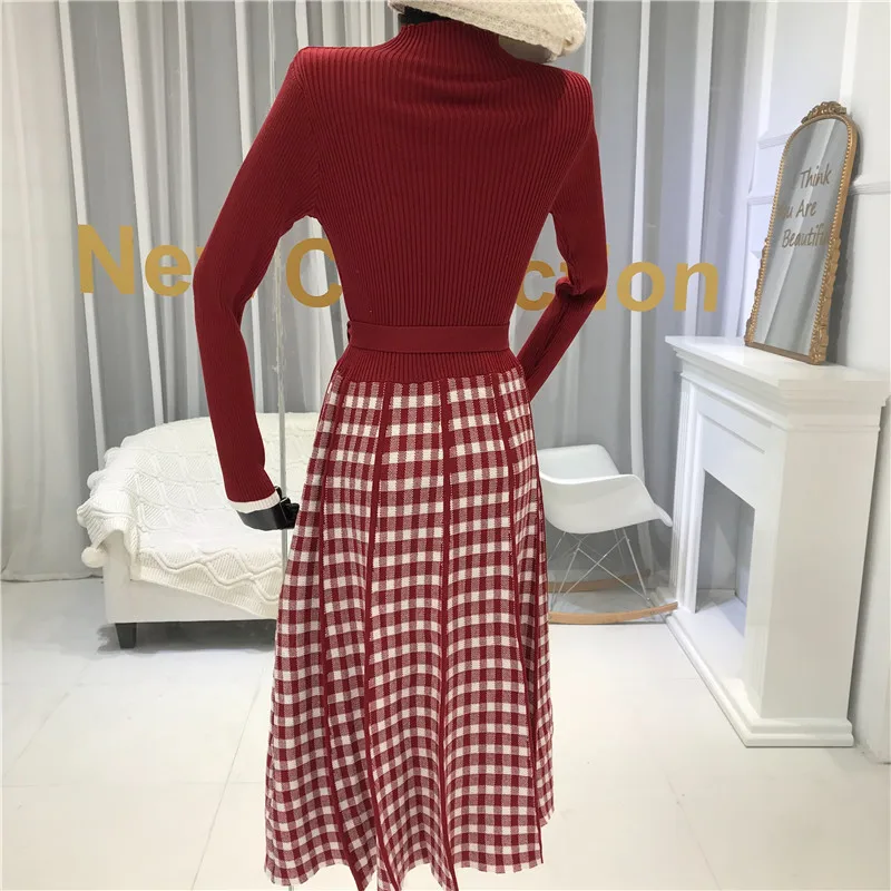 ALPHALMODA зимнее Новое вязаное платье в клетку с высоким воротником и длинными рукавами, однобортное женское винтажное элегантное платье с бантом и поясом