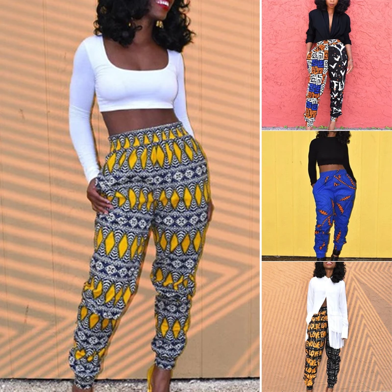 Women pants Elasticated High Waist Pants Casual Ethnic Style Pattern ladies loose Trousers