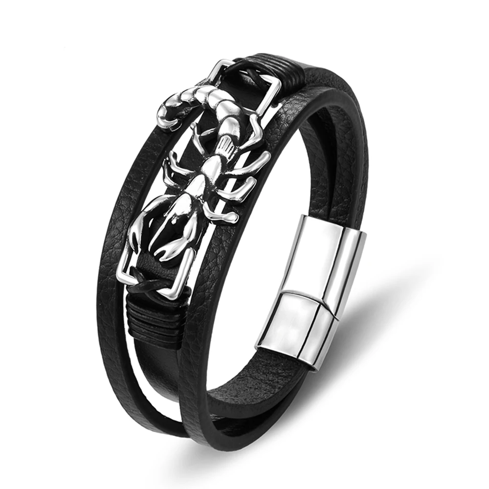 Handmade Charm Punk Rope Metal Stainless Steel Genuine Leather Men Bracelets Animal Shrimp Magnetic Clasp Black Jewelry