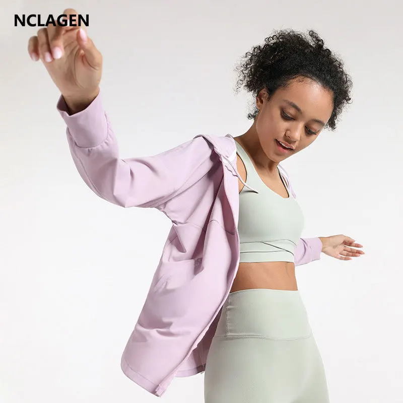 

NCLAGEN Yoga Fitness Jacket Women Loose Hooded Zipper Running Workout Cardigan Long Sleeve Fit Training Sports Top Gym Clothes