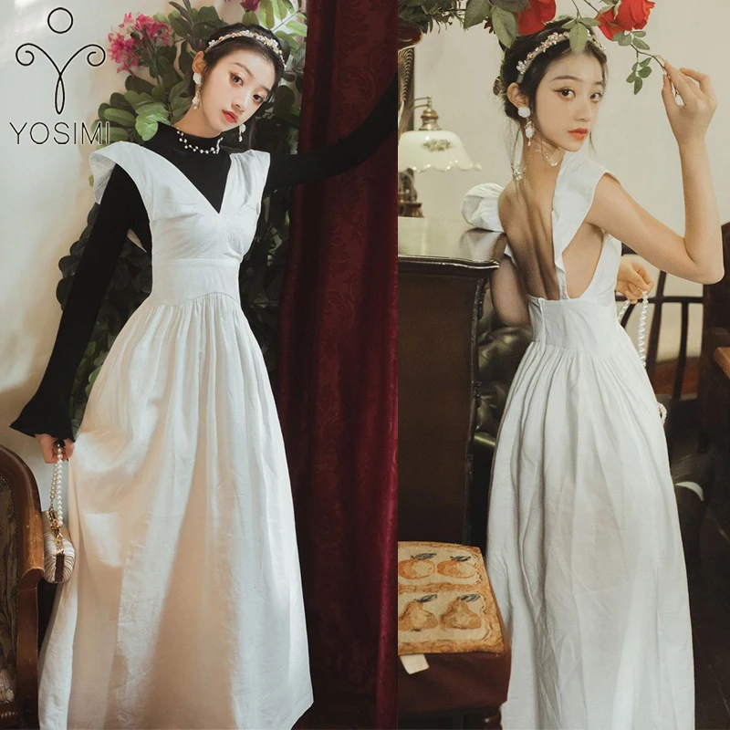 

Backless Sexy Party Night Dress Women 2020 Spring Summer Two-piece Outfits Suit Black Sweater and Retro White Strap Sexy Dress
