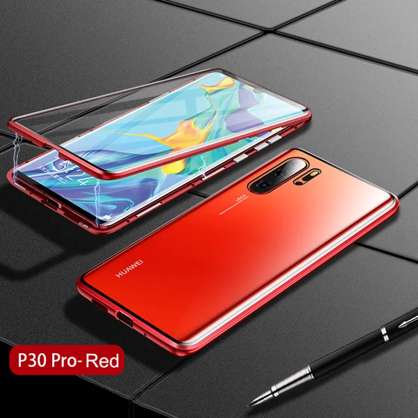 360 Полный Магнитный адсорбционный чехол для huawei P30 Pro для huawei P30 Lite металлический Прозрачный чехол из закаленного стекла для huawei P30 - Цвет: Red