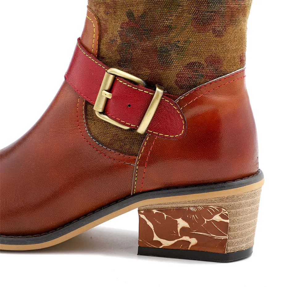 2020 Autumn Winter New Women's Knee High Riding Boots Ethnic Genuine Leather High Heels Female Western Boots Footwear Handmade (16)