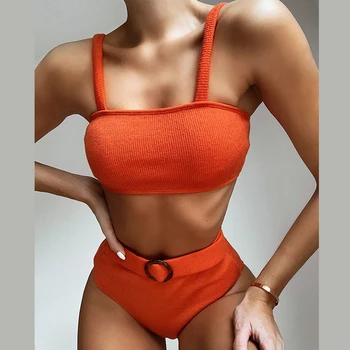 

NEW Ribbed Swimsuit High Waist Bikini 2020 Women Swimwear Two-pieces Bikini set Female Bather with Belt Bathing Suit Swim Wear