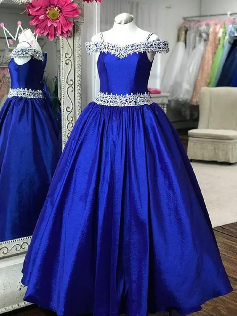 235 Flower Girl Dresses A Line Off Shoulder Crystal Beaded Satin Girls Pageant Dresses For Wedding Party