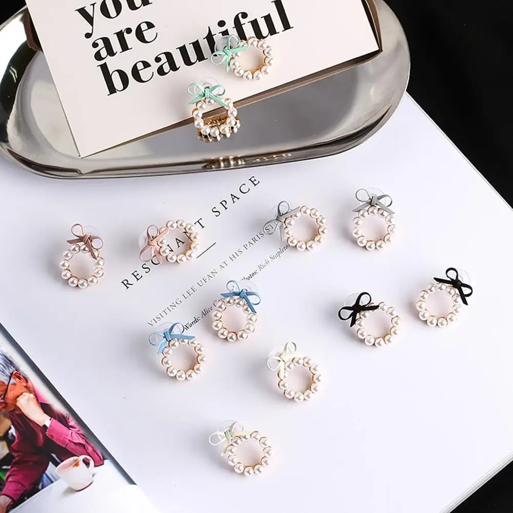 

2019 Fashion Geometry Circle Simulated Pearl Lovely Bow Stud Earrings For Women Bride Boucle D'oreille Brincos Pendientes Bijoux