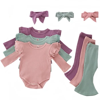 

New Toddler Kids Baby Girl Ruffle Bodysuit Romper Top Solid Bowknot Pants Trousers Autumn Cotton Long Sleeve Outfit Clothes Set