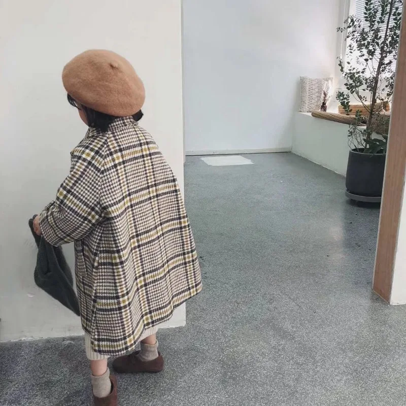 

18 Autumn And Winter Striped Plaid Mid-length Single Row yang jiao kou Fold-down Collar Woolen Coat GIRL'S Coat