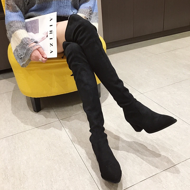 Botas largas de terciopelo para mujer, botines por encima de la rodilla,  tacón grueso aterciopelado, punta estrecha, cálidos, invierno, 2020 -  AliExpress Calzado