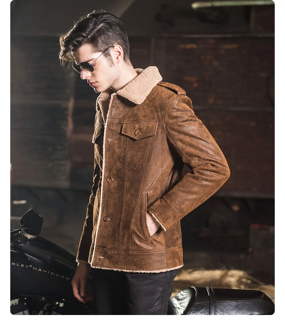 Kожаная куртка мужская джинсовая из свиной шкуры, куртки из натуральной кожи, жакет с подкладкой из искусственного меха, кожаное пальто