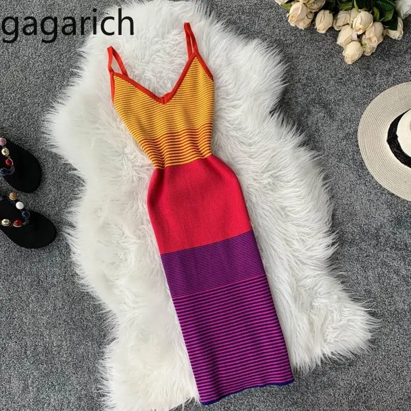 

Gagarich Women Dress 2019 Summer Sexy Knitted Spaghetti Strap Color Striped Stretch Long Bodycon Ladies Dresses Robe Femme