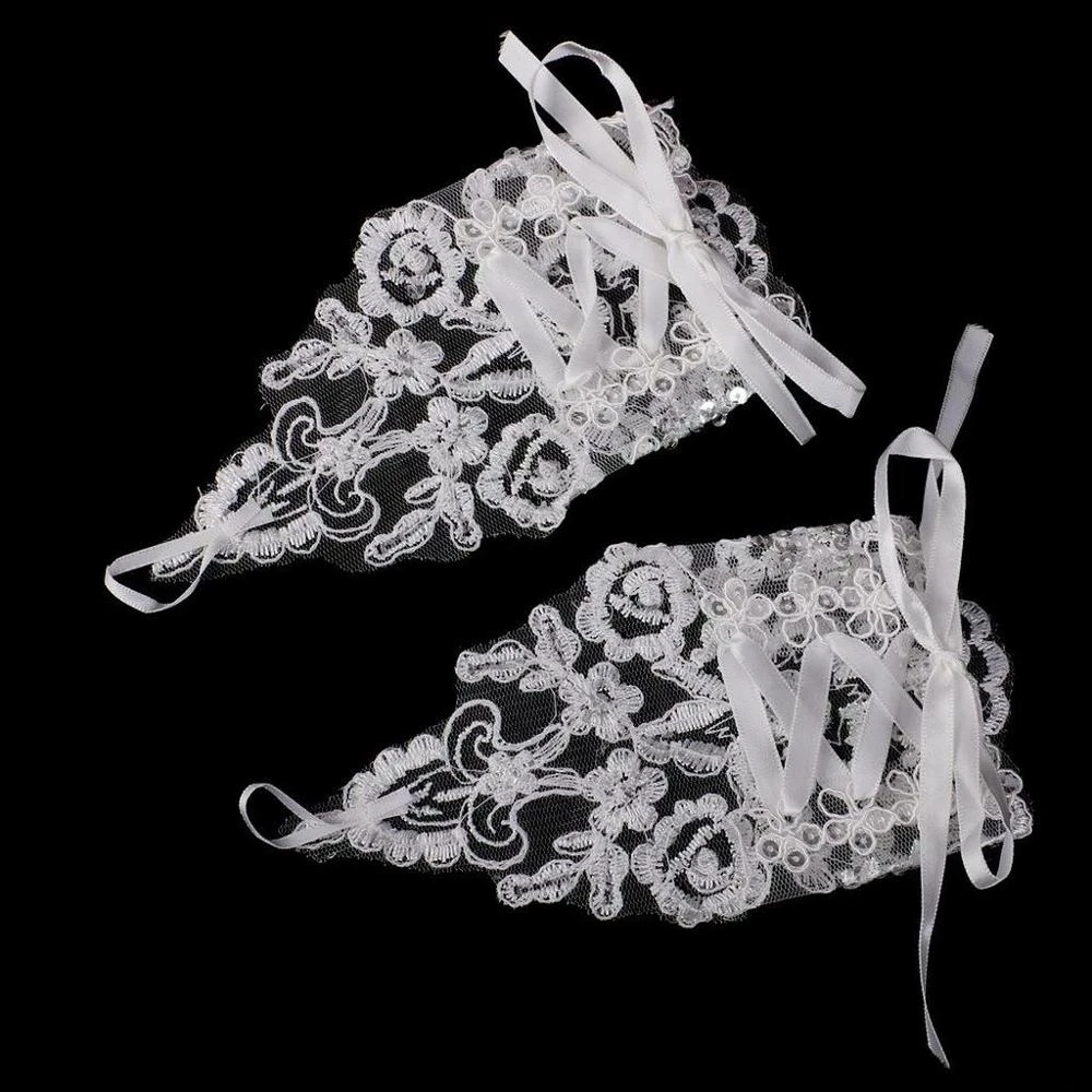 Elegante guantes de novia cortos de encaje con incrustaciones de diamantes de imitación, lazo Delgado, guantes de novia sin dedos, accesorios de vestido de novia de marfil blanco