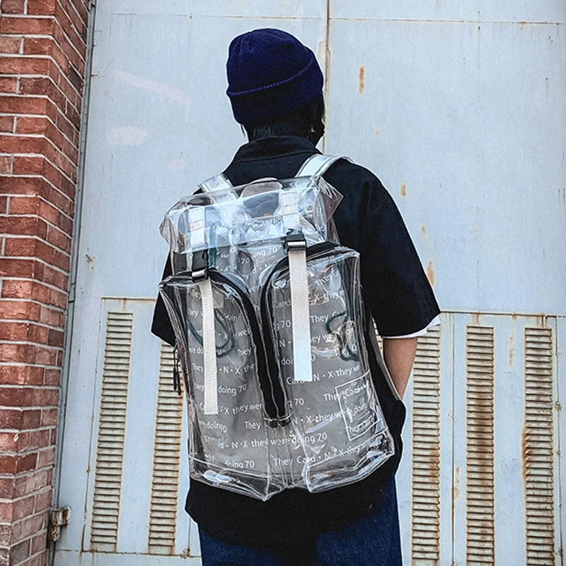 

ABZC-Transparent PVC Backpack Large Capacity Travel Bag Youth Unisex Waterproof Bag School Bag Handbag