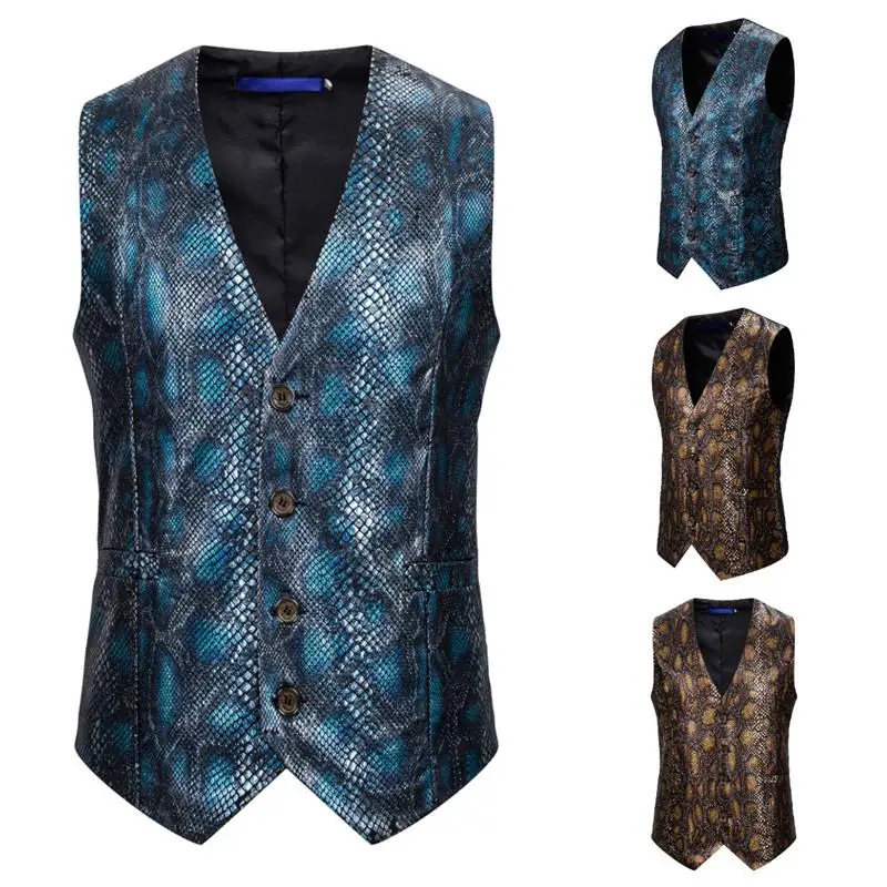 Уникальный дизайн, Роскошный Блейзер, костюм, жилет, вечерние, для сцены, желтый, синий, глянцевый, со змеиным принтом, жилеты и жилеты для мужчин, приталенный