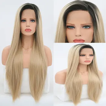 

Bombshell Synthetic 13*3 Lace Front Wig Black Roots Ombre Mix Gold Blonde Straight Heat Resistant Fiber Hair Side Part For Women