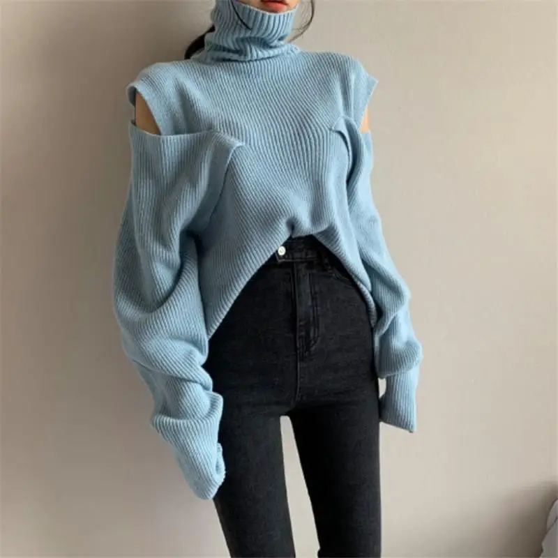 Повседневный теплый осенне-зимний свитер женский джемпер однотонный вязаный пуловер с открытыми плечами свитер с высоким воротом