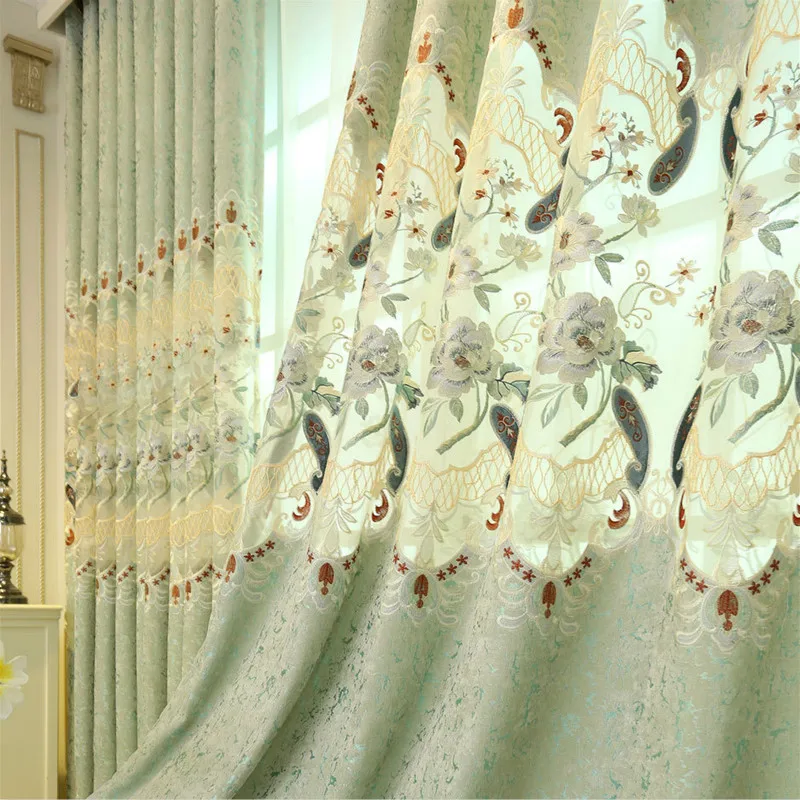 

Embroidered Luxury European Style Curtains for Living Room Green Blackout Curtain Fabric and Sheer Curtains for Bedroom