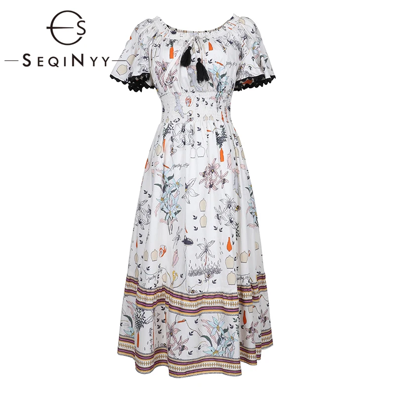 

SEQINYY Sweet Dress 2020 Summer Spring New Fashion Design Short Sleeve Lace Flowers Printed Tassel Elastic Waist Knee Dress