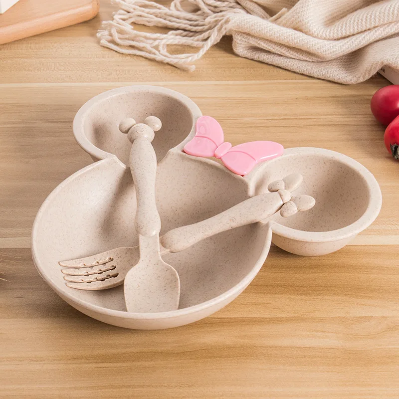 Натуральная пшеничная соломенная миска, набор детской посуды с рисунком из мультфильма, тарелка для кормления детей, детская тренировочная миска, ложка, вилка - Цвет: Beige Set