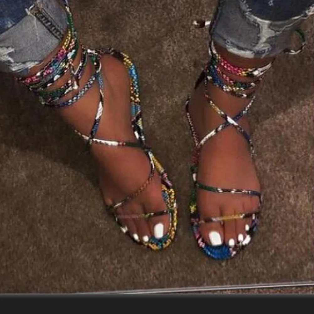 SARAIRIS Plus size 42 INS HOT 2020 flat shoelaces multi snake printed casual gladiator sandals summer shoes women | Обувь