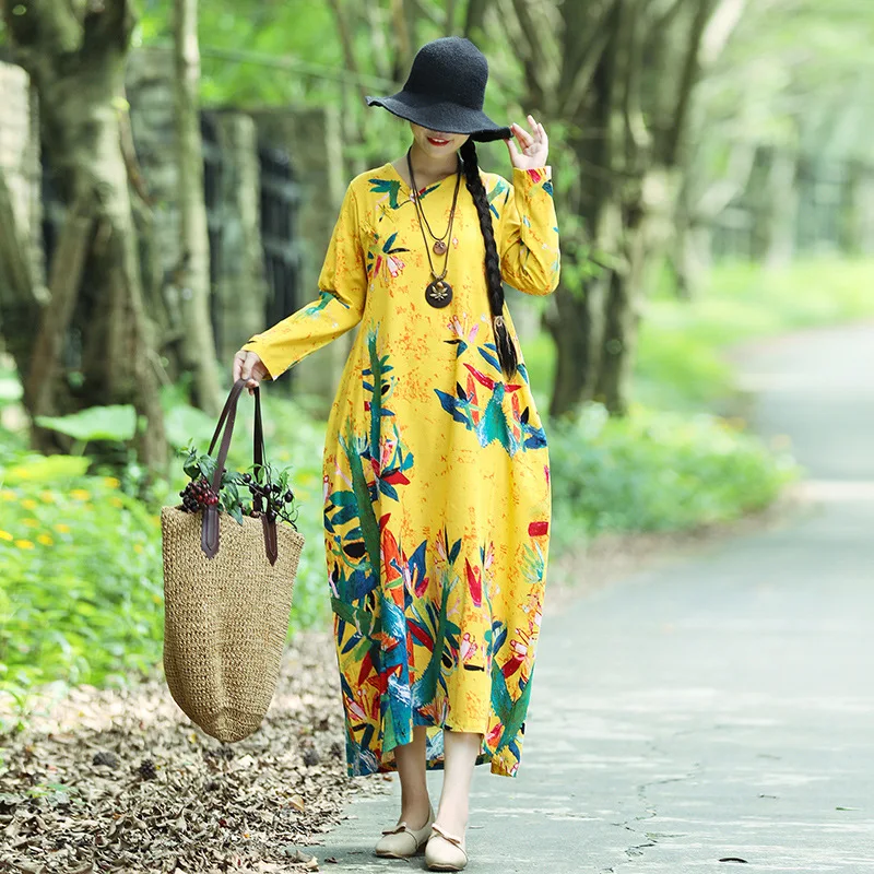 

2018 Autumn Literature And Art Fat Mm Cotton Linen Medium-length Dress Loose-Fit Slimming Elegant Long Sleeve Floral Dress Women