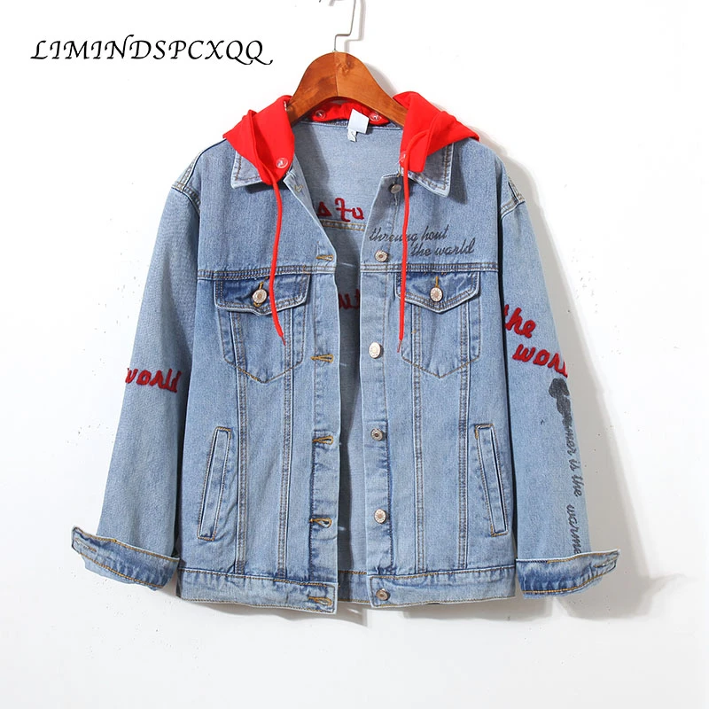 

New Jeans Jacket Women Hooded Casual Jaqueta Bomber Denim Jacket Letters Embroidery Streetwear Harajuku Women's Outerwear