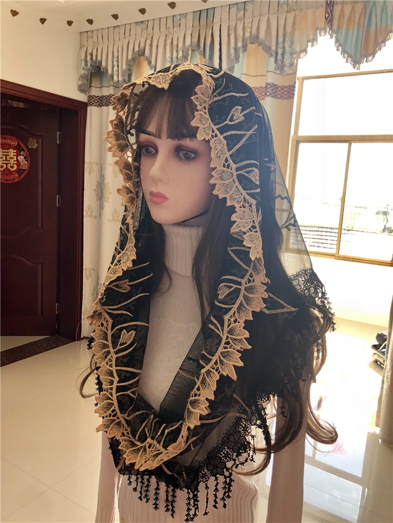 

Women's Catholic Veil Headwrap Jerusalem Muslim Elegant Shawl Scarf Church Chapel Voiles Dentelle Velas Negra Mantillas Black