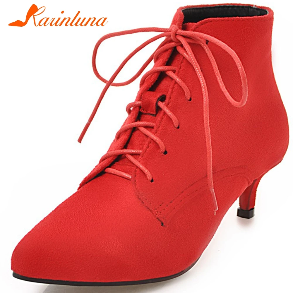 

Karinluna 2020 Fashion New Hot Plus Size 34-48 Lace Up Ankle Boots Woman Shoes Pointed Toe Black Red Shoes Women Boots Lady