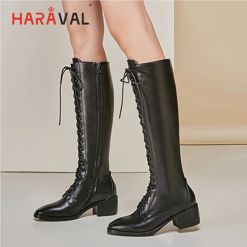 HARAVAL Luxury Woman Winter Over-the-knee Boot Handmade Genuine Leather Round Toe Square Heel Shoes Black Lace-up Sexy Boot B240