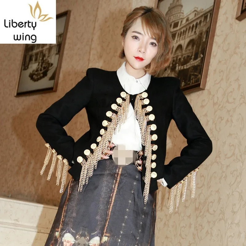 

2020 New Autumn Winter Womens Fashion Solid Cotton Metal Chain Tassel Coat Female European Slim Fit Short Jacket S-L