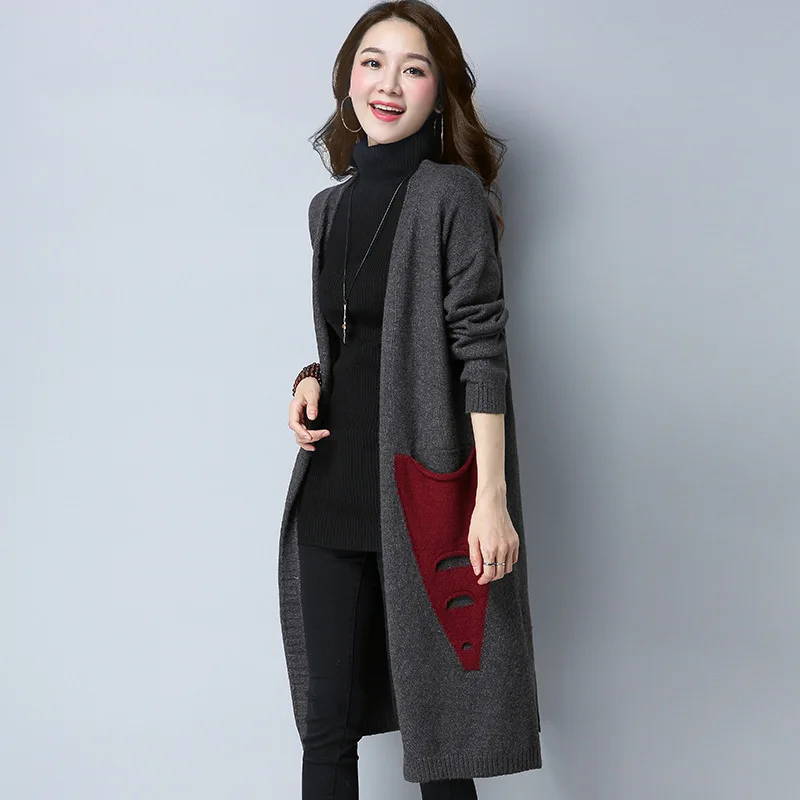 D50-gray Корейский Повседневный свободный светильник, кардиган средней длины с цветным карманом, женский свитер, пальто Outerwar, осенне-зимняя одежда для женщин - Цвет: D50-gray