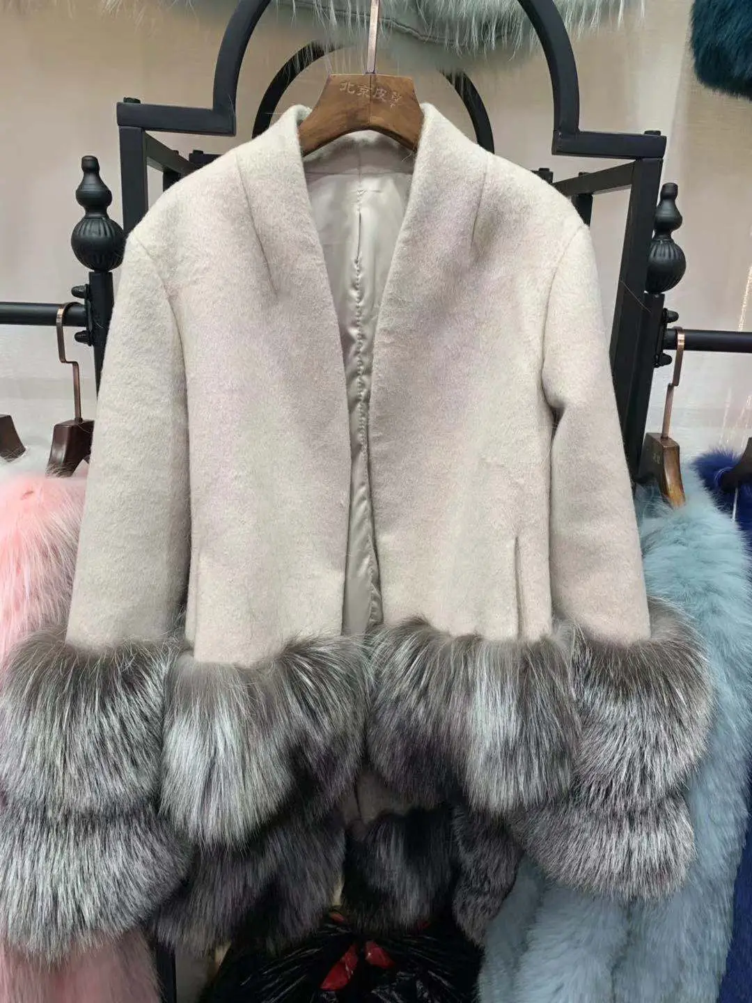 beige OFTBUY зимняя женская куртка из натурального меха натуральный мех серебристой лисы с манжетами, толстая теплая кашемировая шерстяная верхняя одежда, новая уличная одежда - Цвет: beige