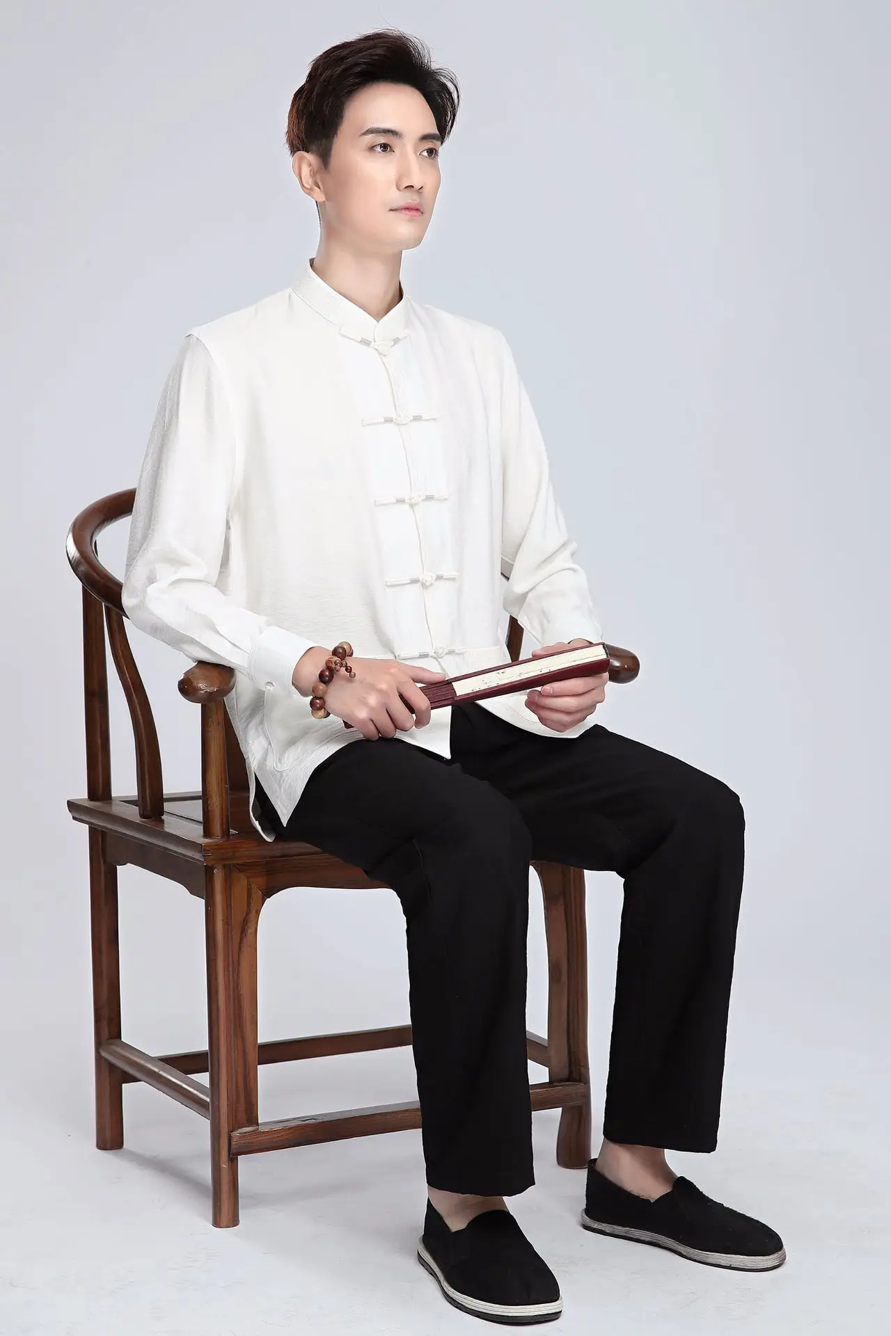 Китайский стиль, китайский стиль, лен, 2813-3, китайский костюм, мужской топ с длинными рукавами, рубашка с длинными рукавами для среднего возраста/комплект