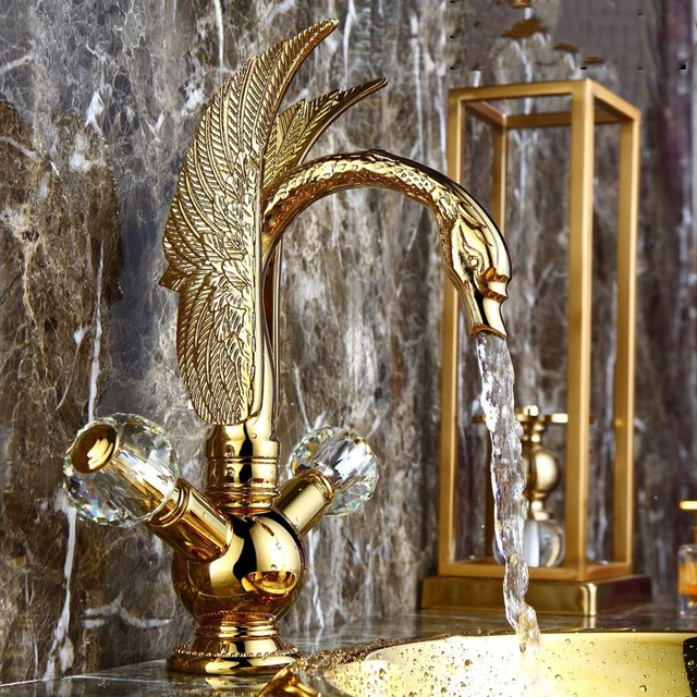 Robinet mitigeur de lavabo froid chaud, cygne doré artistique en laiton  cristal de salle de bains de luxe, trou unique or deux poignées - AliExpress