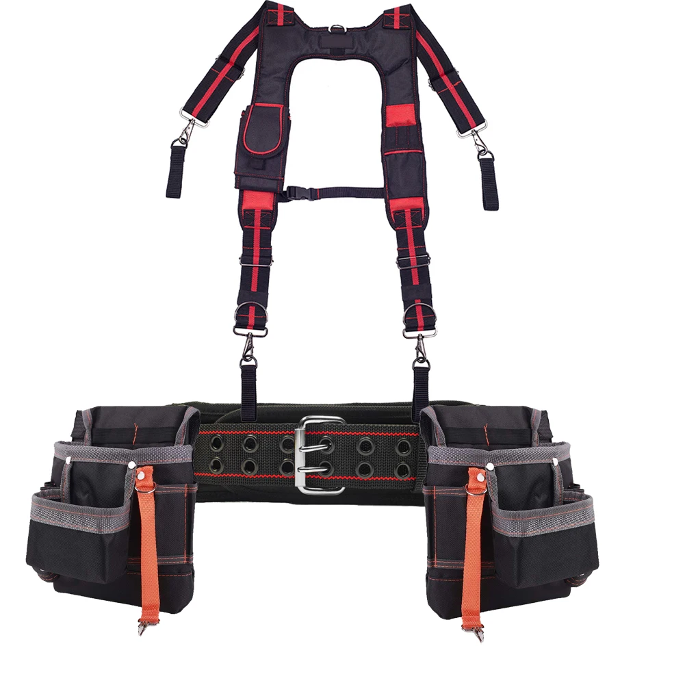 Tirantes de cinturón de herramientas, juego de bolsas, cinturón de herramientas de soporte Lumbar ajustable y tirantes de estilo canesú para carpintero y electricista, 4 piezas