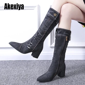 

Sexy Jean Boots Women's Mid Calf Boot Zipper High Heel Woman Stylish Jeans Boots Ladies Denim Boot Female Shoes Cowboy 2020 New
